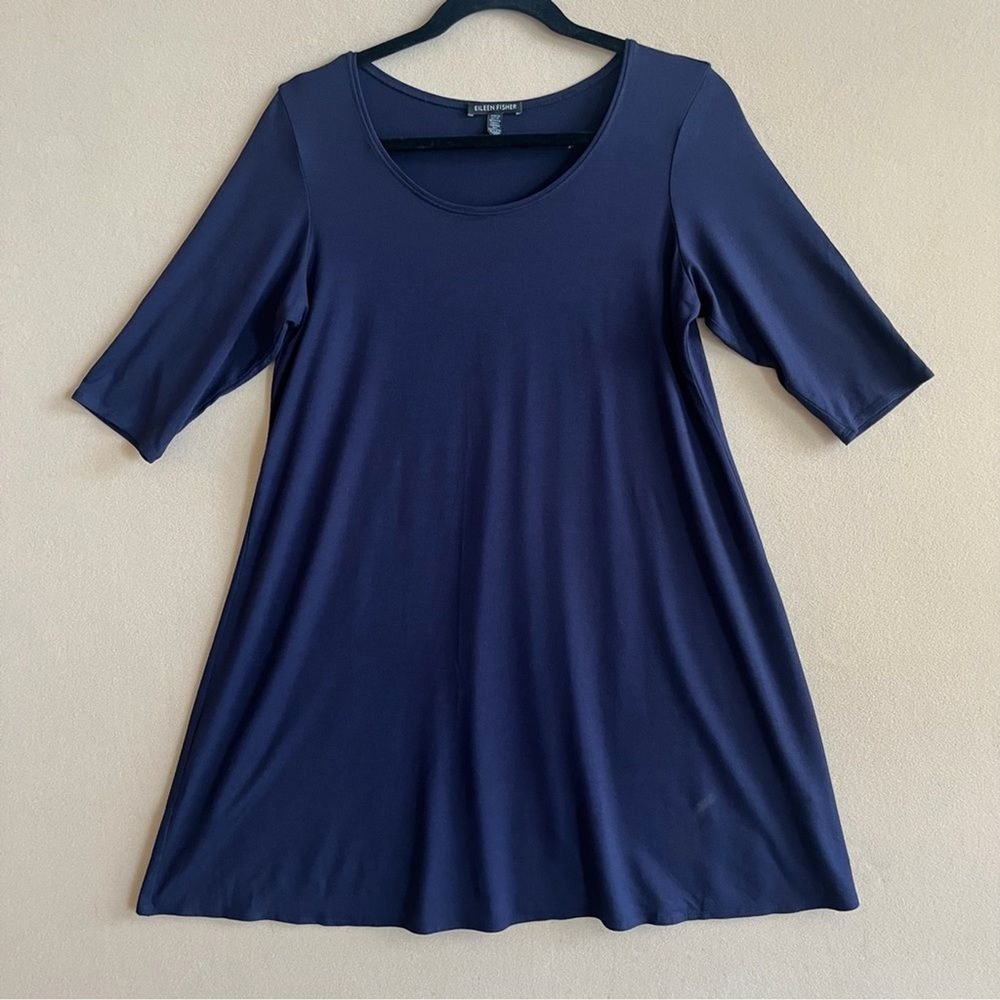 EILEEN FISHER Navy Blue‎ A-Line Jersey Tunic Top Timeless Minimalist size M